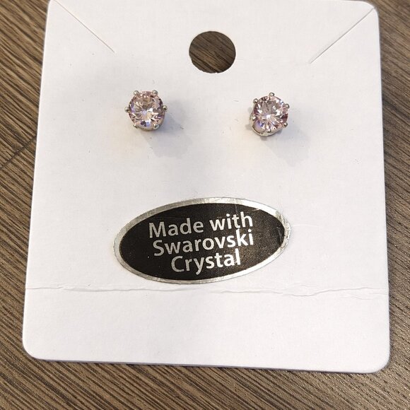 Pink Swarovski Crystal Stud Earrings 4mm Round Cut Rose SilverTone Posts - Picture 2 of 4